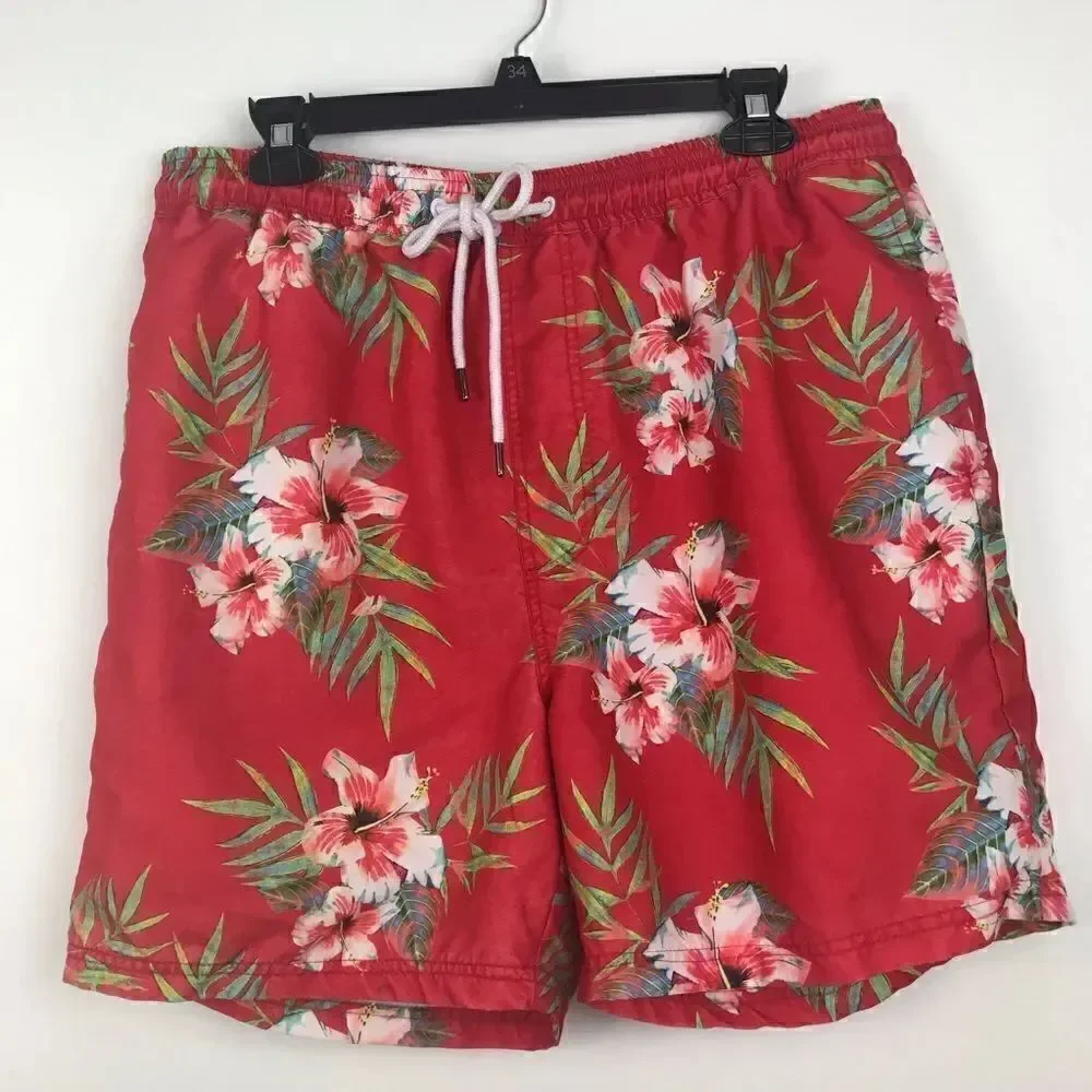 21 Men Red Hibiscus Floral Tropical Swim Trunks